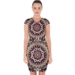 Seamless Pattern Floral Flower Capsleeve Drawstring Dress 