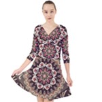 Seamless Pattern Floral Flower Quarter Sleeve Front Wrap Dress