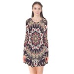 Seamless Pattern Floral Flower Long Sleeve V-neck Flare Dress