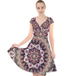 Seamless Pattern Floral Flower Cap Sleeve Front Wrap Midi Dress