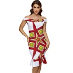 Pattern Tile Decorative Design Star Off Shoulder Ruffle Split Hem Bodycon Dress