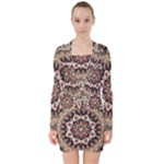 Seamless Pattern Floral Flower V-neck Bodycon Long Sleeve Dress