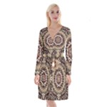 Seamless Pattern Floral Flower Long Sleeve Velvet Front Wrap Dress
