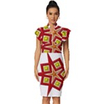 Pattern Tile Decorative Design Star Vintage Frill Sleeve V-Neck Bodycon Dress