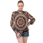 Seamless Pattern Floral Flower High Neck Long Sleeve Chiffon Top