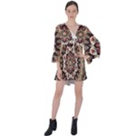 Seamless Pattern Floral Flower V-Neck Flare Sleeve Mini Dress