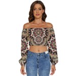 Seamless Pattern Floral Flower Long Sleeve Crinkled Weave Crop Top