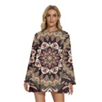 Seamless Pattern Floral Flower Round Neck Long Sleeve Bohemian Style Chiffon Mini Dress