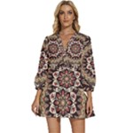 Seamless Pattern Floral Flower V-Neck Placket Mini Dress