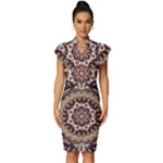 Seamless Pattern Floral Flower Vintage Frill Sleeve V-Neck Bodycon Dress