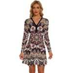 Seamless Pattern Floral Flower Long Sleeve Deep V Mini Dress 