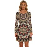 Seamless Pattern Floral Flower Long Sleeve Wide Neck Velvet Dress