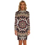 Seamless Pattern Floral Flower Long Sleeve Shirt Collar Bodycon Dress