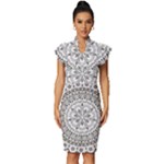 Vector Mandala Drawing Decoration Vintage Frill Sleeve V-Neck Bodycon Dress