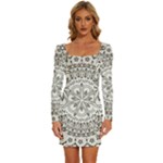 Vector Mandala Drawing Decoration Long Sleeve Square Neck Bodycon Velvet Dress