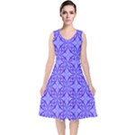 Decor Pattern Blue Curved Line V-Neck Midi Sleeveless Dress 