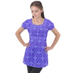 Decor Pattern Blue Curved Line Puff Sleeve Tunic Top