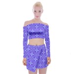 Decor Pattern Blue Curved Line Off Shoulder Top with Mini Skirt Set