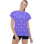 Decor Pattern Blue Curved Line Ruffle Collar Chiffon Blouse