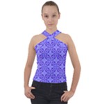 Decor Pattern Blue Curved Line Cross Neck Velour Top