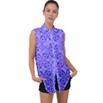 Decor Pattern Blue Curved Line Sleeveless Chiffon Button Shirt