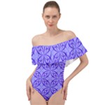 Decor Pattern Blue Curved Line Off Shoulder Velour Bodysuit 