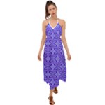 Decor Pattern Blue Curved Line Halter Tie Back Dress 
