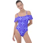 Decor Pattern Blue Curved Line Frill Detail One Piece Swimsuit