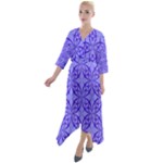 Decor Pattern Blue Curved Line Quarter Sleeve Wrap Front Maxi Dress