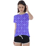 Decor Pattern Blue Curved Line Short Sleeve Open Back T-Shirt