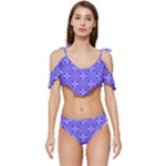 Decor Pattern Blue Curved Line Ruffle Edge Tie Up Bikini Set	