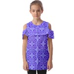 Decor Pattern Blue Curved Line Fold Over Open Sleeve Top