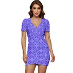 Decor Pattern Blue Curved Line Low Cut Cap Sleeve Mini Dress