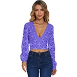 Decor Pattern Blue Curved Line Long Sleeve Deep-V Velour Top