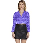 Decor Pattern Blue Curved Line Long Sleeve Tie Back Satin Wrap Top