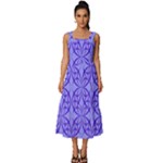 Decor Pattern Blue Curved Line Square Neckline Tiered Midi Dress