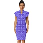 Decor Pattern Blue Curved Line Vintage Frill Sleeve V-Neck Bodycon Dress