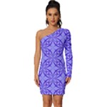 Decor Pattern Blue Curved Line Long Sleeve One Shoulder Mini Dress