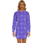 Decor Pattern Blue Curved Line Womens Long Sleeve Shirt Dress