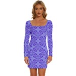 Decor Pattern Blue Curved Line Long Sleeve Square Neck Bodycon Velvet Dress