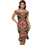 Kaleidoscope Art Pattern Ornament Off Shoulder Ruffle Split Hem Bodycon Dress