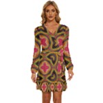 Kaleidoscope Art Pattern Ornament Long Sleeve Waist Tie Ruffle Velvet Dress