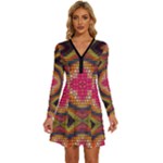 Kaleidoscope Art Pattern Ornament Long Sleeve Deep V Mini Dress 