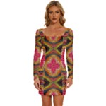 Kaleidoscope Art Pattern Ornament Long Sleeve Square Neck Bodycon Velvet Dress