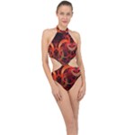 Construction Background Geometric Halter Side Cut Swimsuit