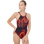 Construction Background Geometric High Neck One Piece Swimsuit