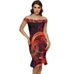 Abstract Seamless Pattern Off Shoulder Ruffle Split Hem Bodycon Dress