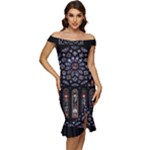 Rosette Cathedral Off Shoulder Ruffle Split Hem Bodycon Dress
