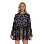 Rosette Cathedral Round Neck Long Sleeve Bohemian Style Chiffon Mini Dress