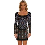Rosette Cathedral Long Sleeve Square Neck Bodycon Velvet Dress